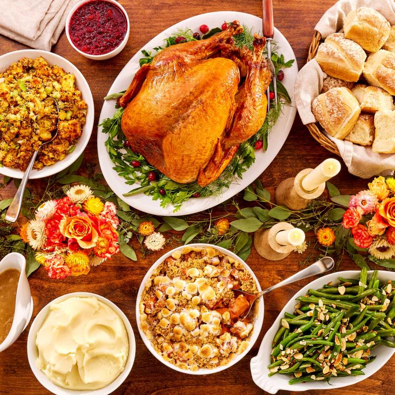 traditional holiday meal on styled table, serves 4-6