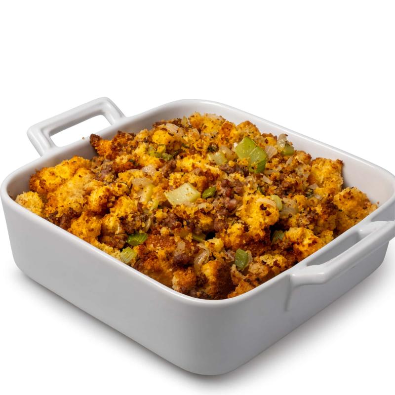 Cornbread sausage dressing in large serving dish