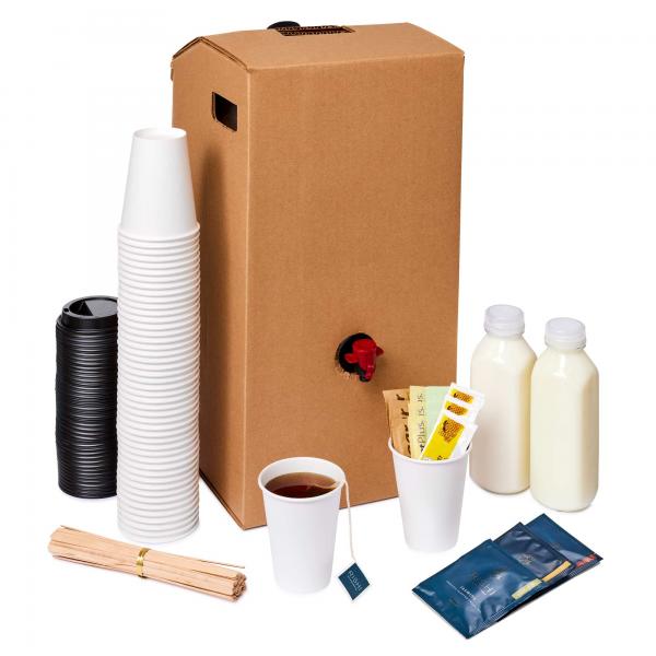 A small disposable tea dispenser with a stack of cups, lids, stir sticks, sweeteners, honey, and two bottles of cream.