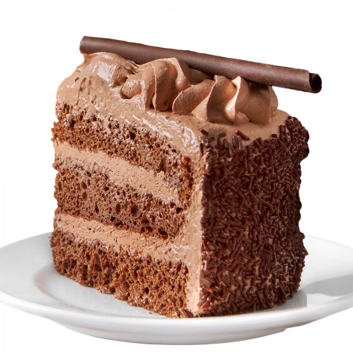 Chocolate mousse cake slice on a plate