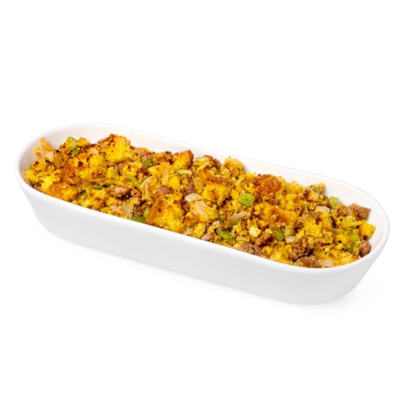 Cornbread sausage dressing in small serving dish