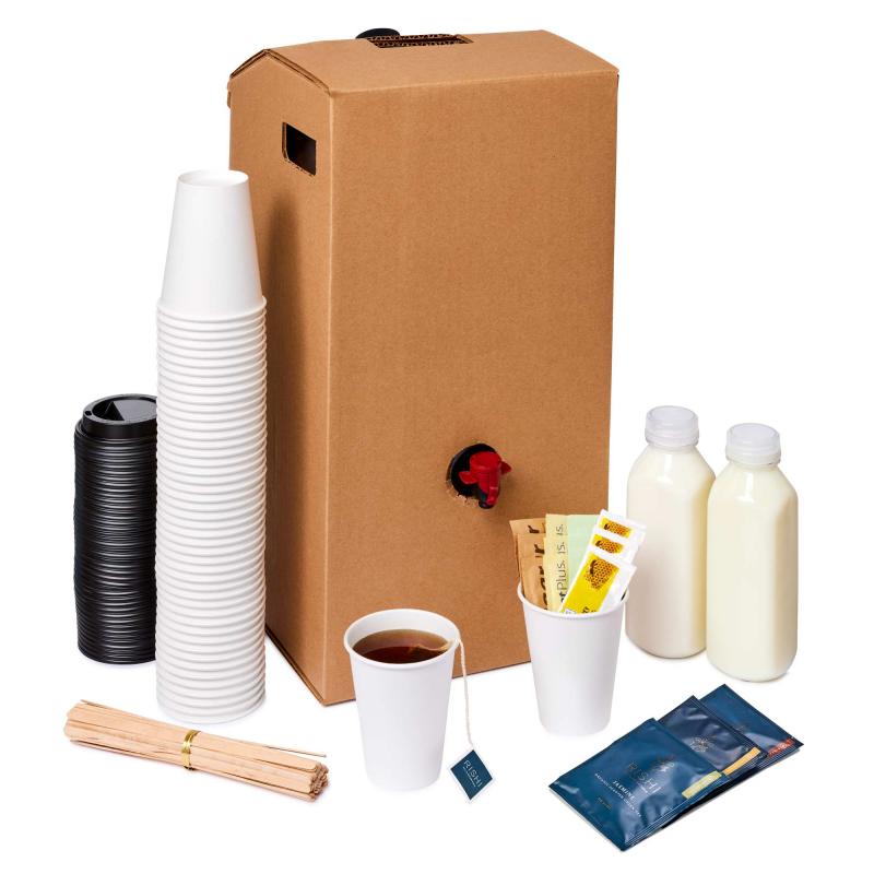 A small disposable tea dispenser with a stack of cups, lids, stir sticks, sweeteners, honey, and two bottles of cream.