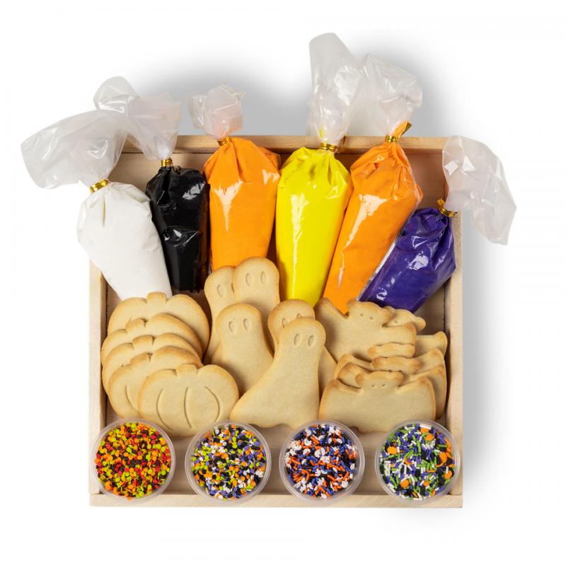 Halloween cookie decorating kit with ghost, bat and pumpkin cookies