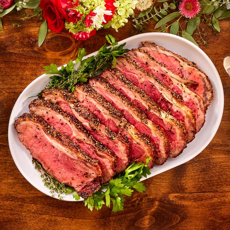 Sliced New York roast plated on a table